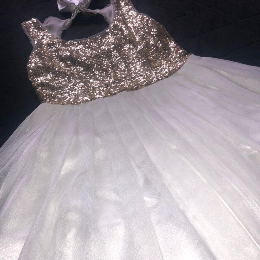 Gold sequin and white party dress
